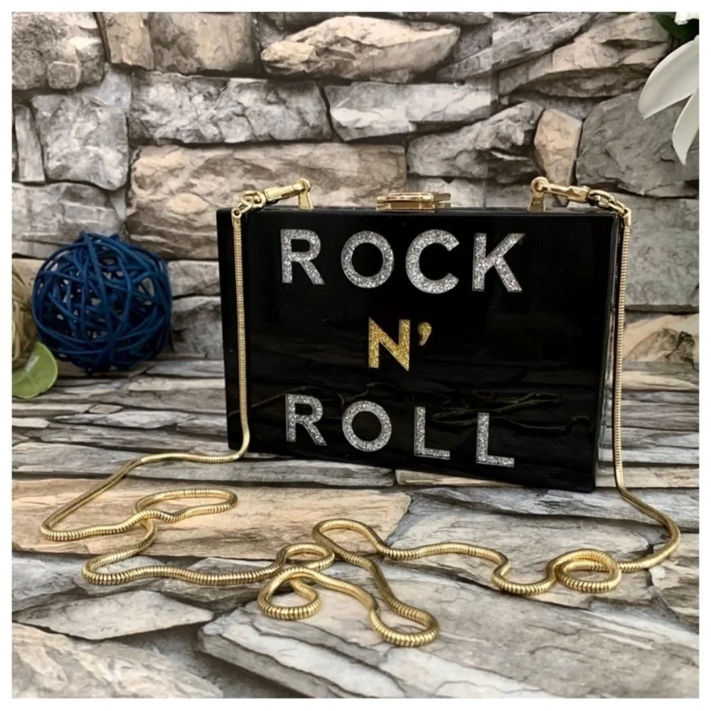 #66 Milly Rock Roll Glitter Acrylic Lucite Snake Chain Handbag Clutch Box Purse